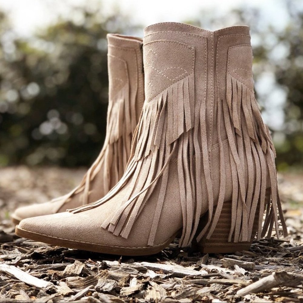 NEW Fringe Tassel Faux Suede Pointy Toe Block Heel Western Booties Boots Taupe